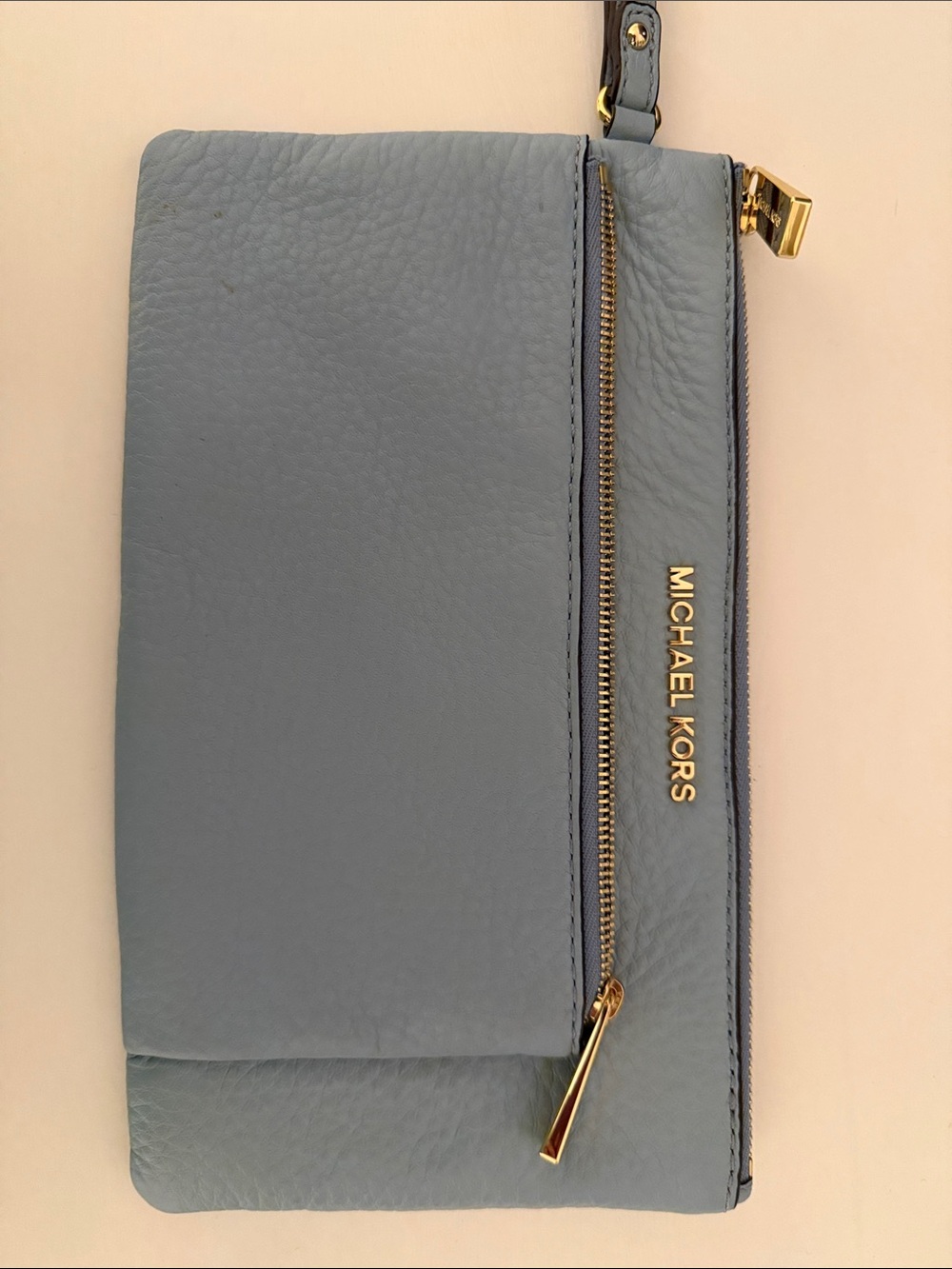 Michael Kors Powder Blue Leather Wristlet Clutch with Gold Hardware
